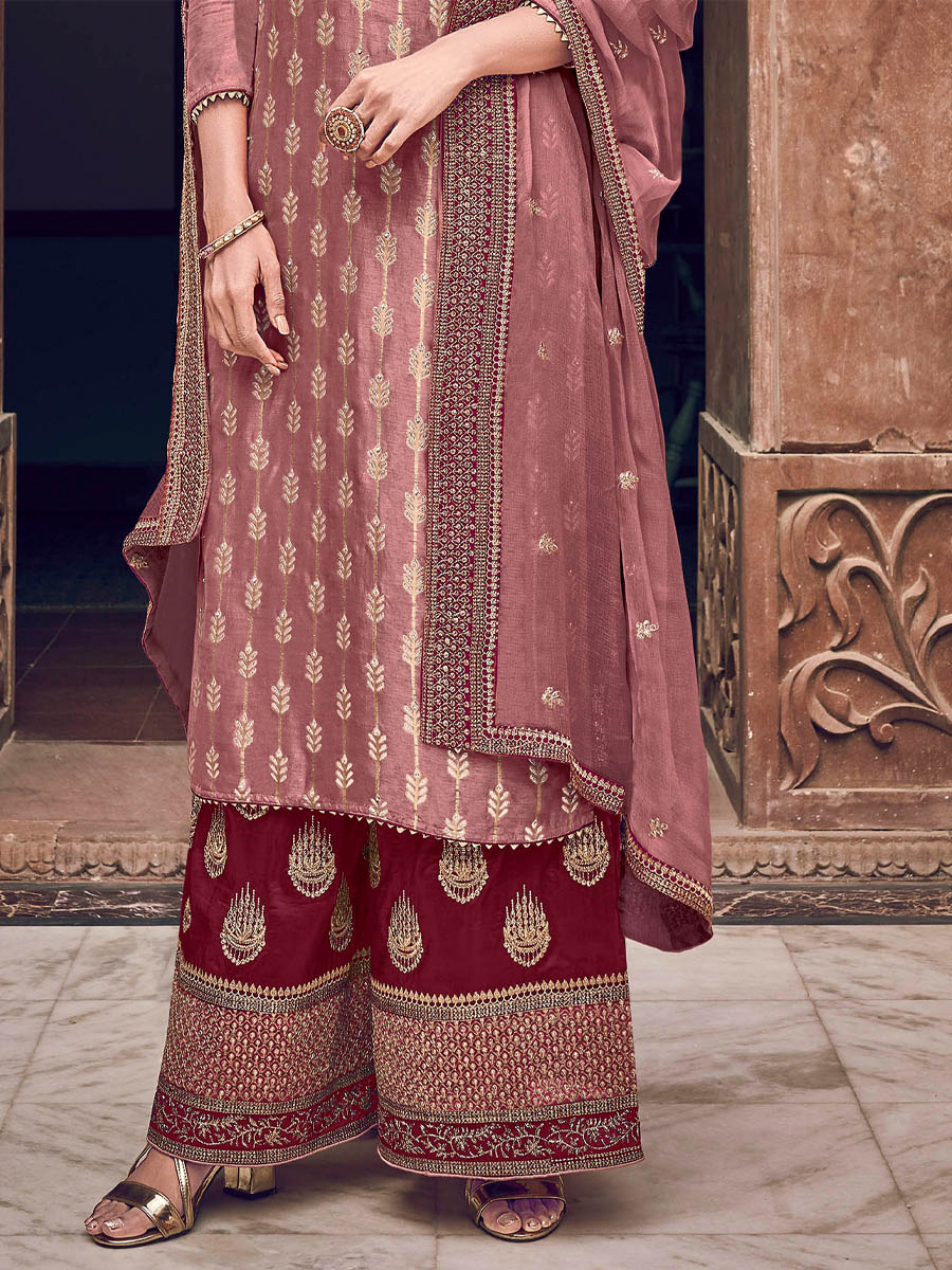 Onion Pink Pure Dola Jacquard Embroidered Wedding Festival Palazzo Pant Salwar Kameez