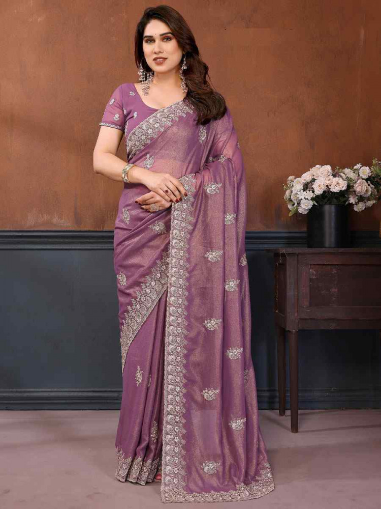 Image of Onion Pink Pure Georgette Embroidery Festival Wedding Fancy Heavy Border Saree