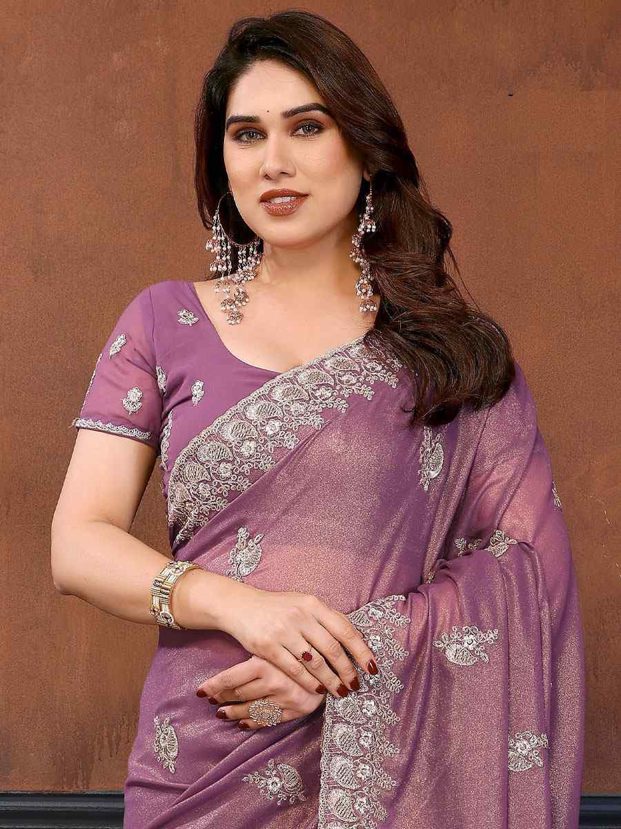 Onion Pink Pure Georgette Embroidery Festival Wedding Fancy Heavy Border Saree