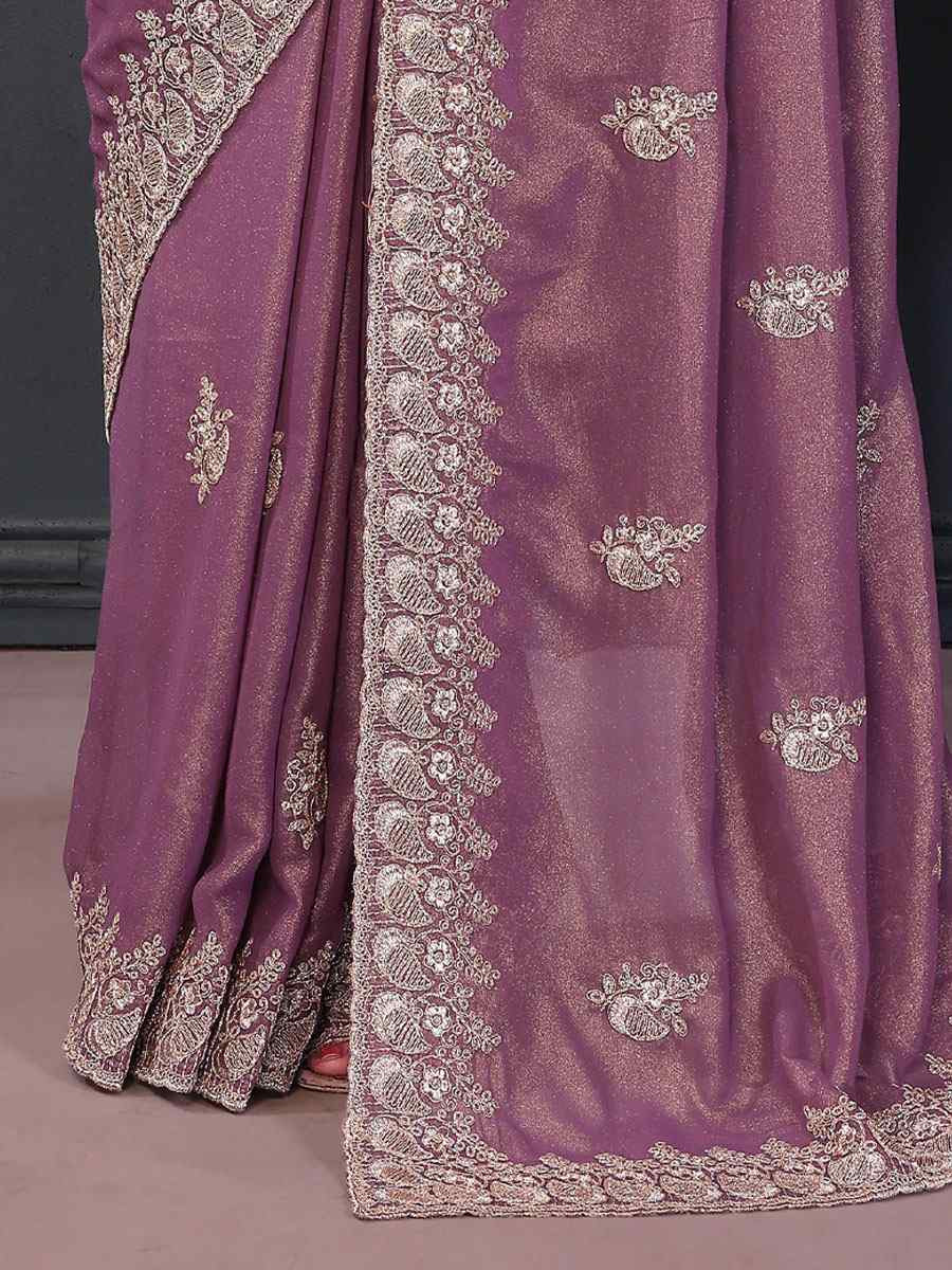 Onion Pink Pure Georgette Embroidery Festival Wedding Fancy Heavy Border Saree