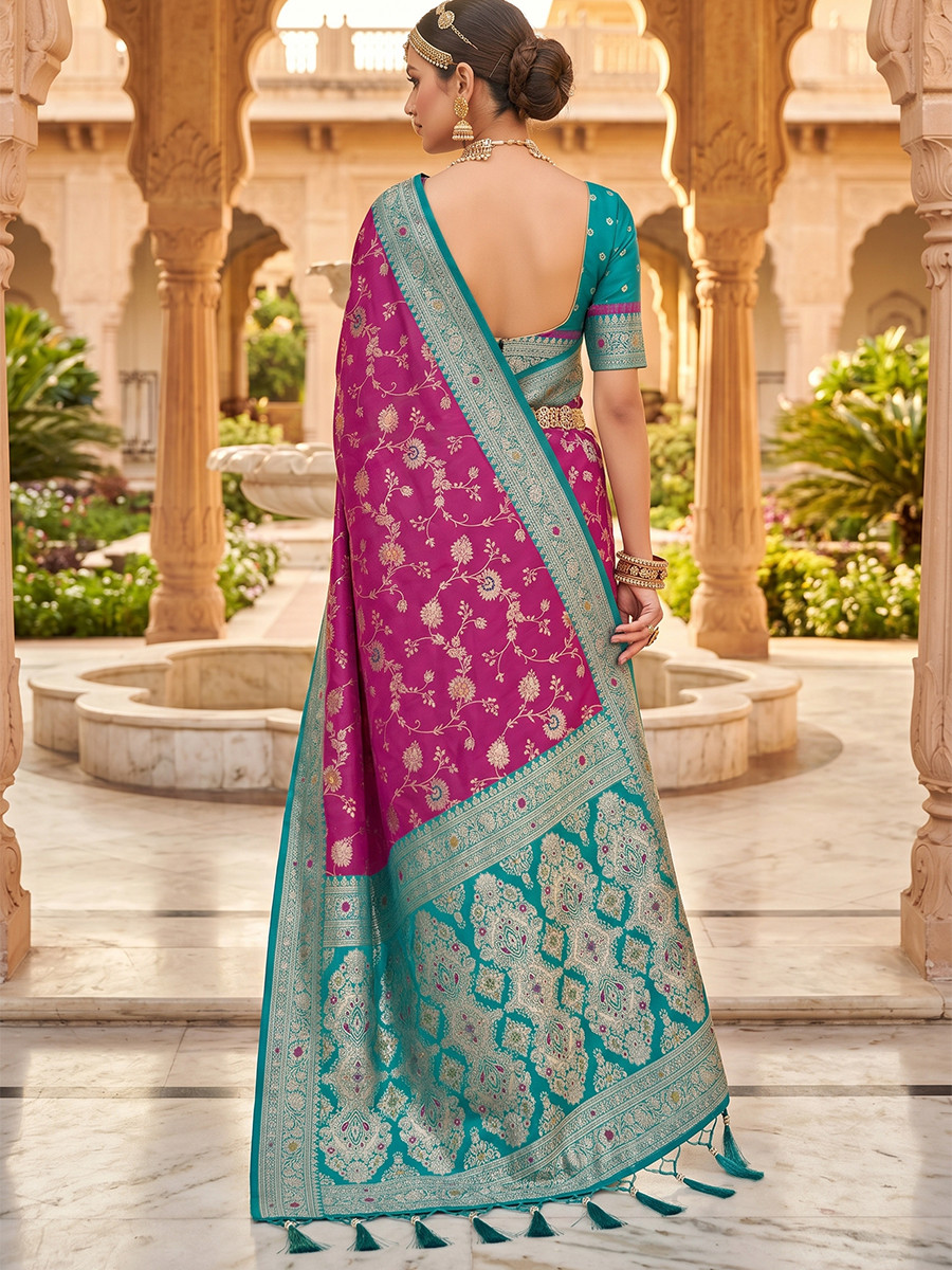 Onion Pink Soft Banarasi Silk Zari Weaving Meenakari Touchup Wedding Reception Party Festival Casual Heavy Border Sarees