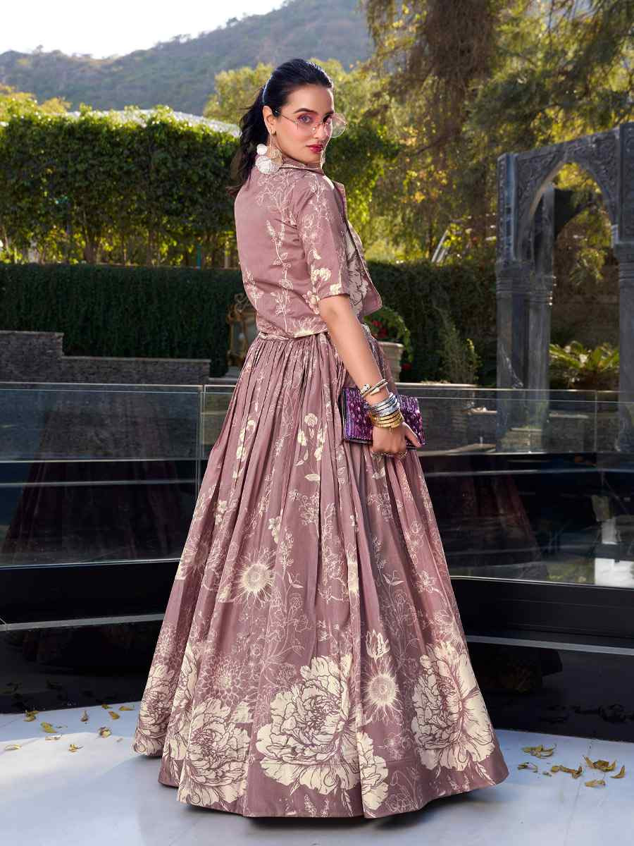 Onion Pink Tussar Silk Embroidered Festival Wedding Jacket Lehenga Choli