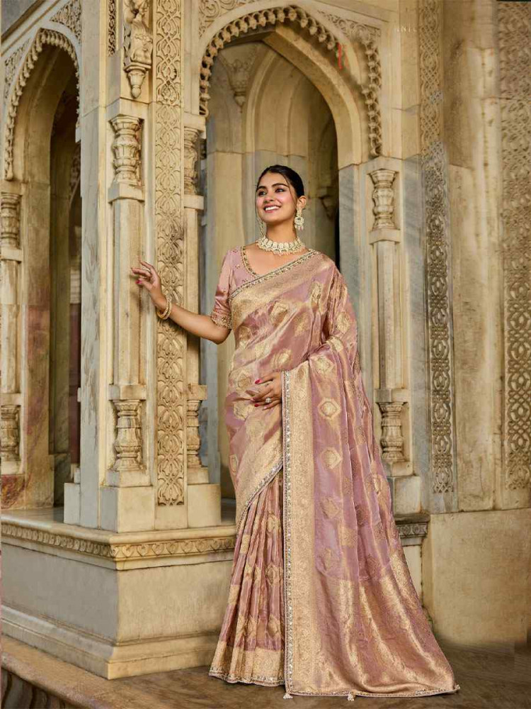 Image of Onion Pink Viscose Tissue Embroidery Traditional Casual Reception Festival Wedding Fancy Heavy Border Saree