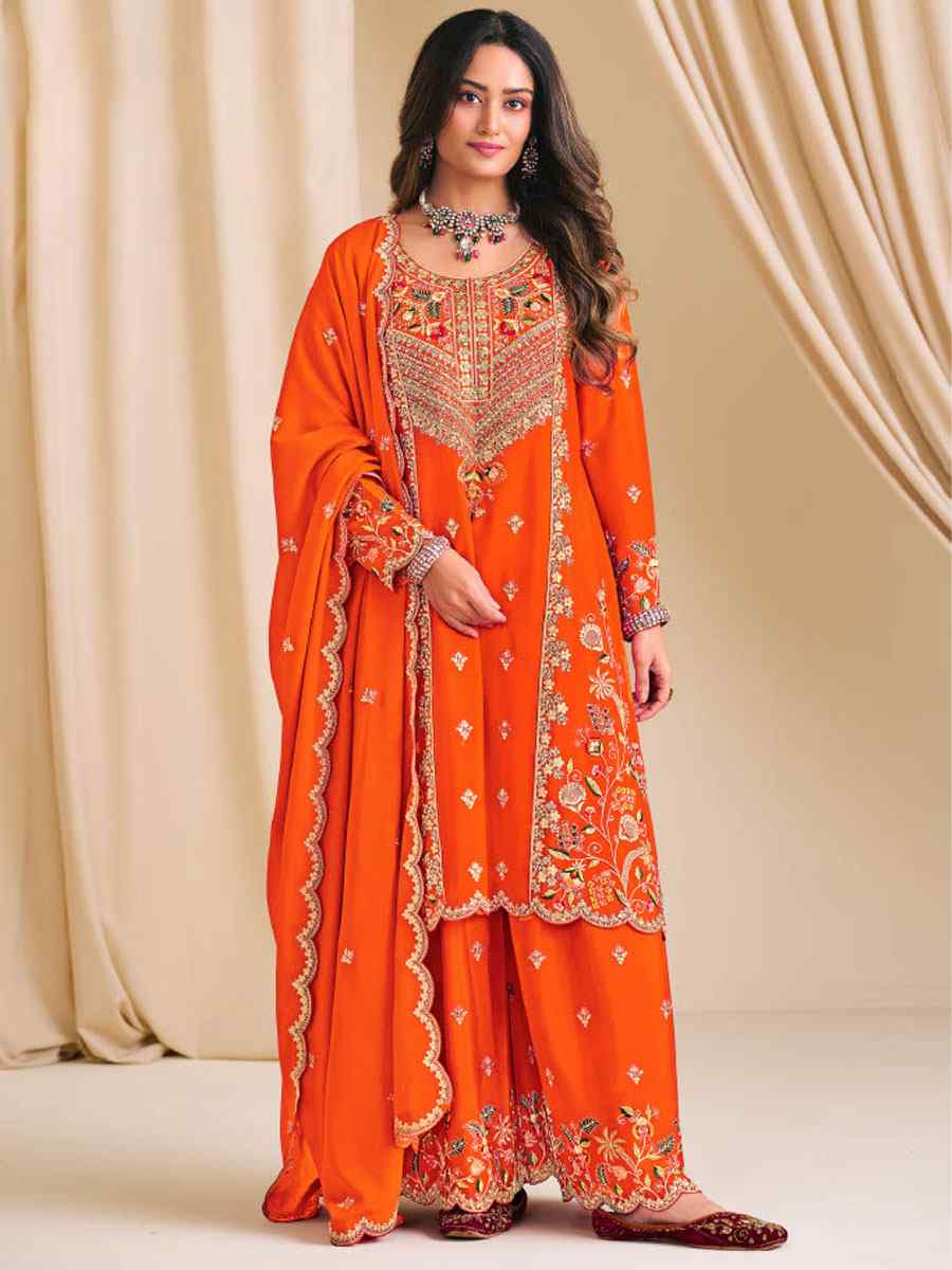 Orange Heavy Premium Chinon Embroidered Party Wedding Ready Palazzo Pant Salwar Kameez