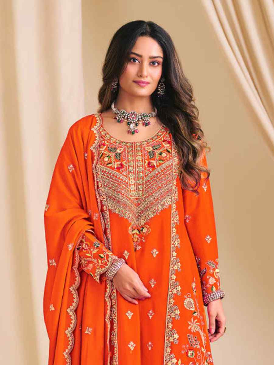 Orange Heavy Premium Chinon Embroidered Party Wedding Ready Palazzo Pant Salwar Kameez