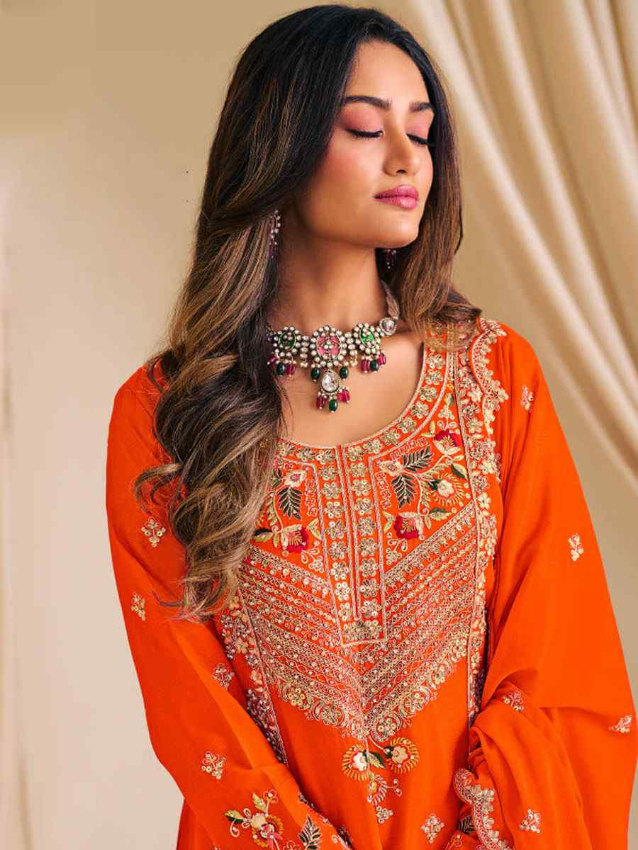 Orange  Heavy Premium Chinon Embroidered Party Wedding Ready Palazzo Pant Salwar Kameez