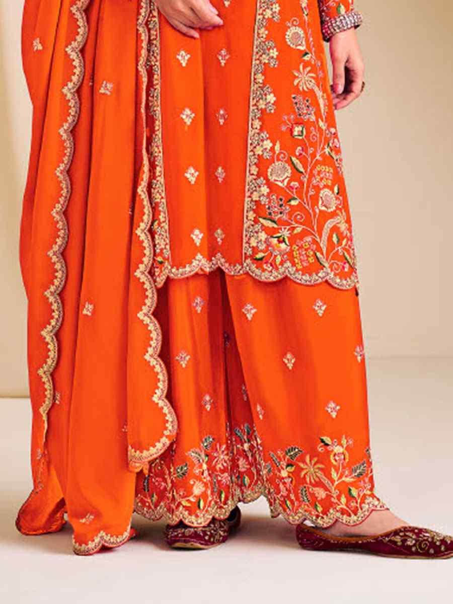 Orange Heavy Premium Chinon Embroidered Party Wedding Ready Palazzo Pant Salwar Kameez