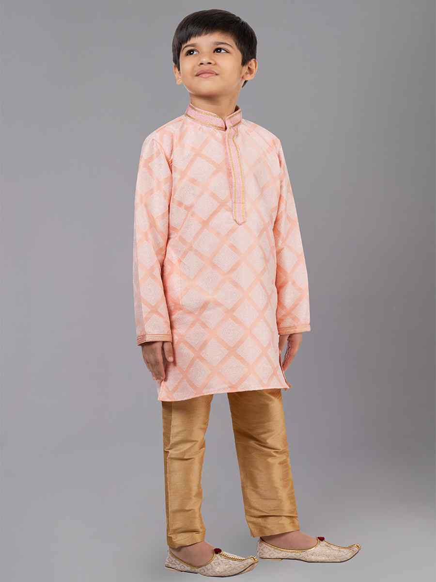 Orange Jacquard Silk Embroidered Festival Traditional Kurta Pyjama Boys Wear