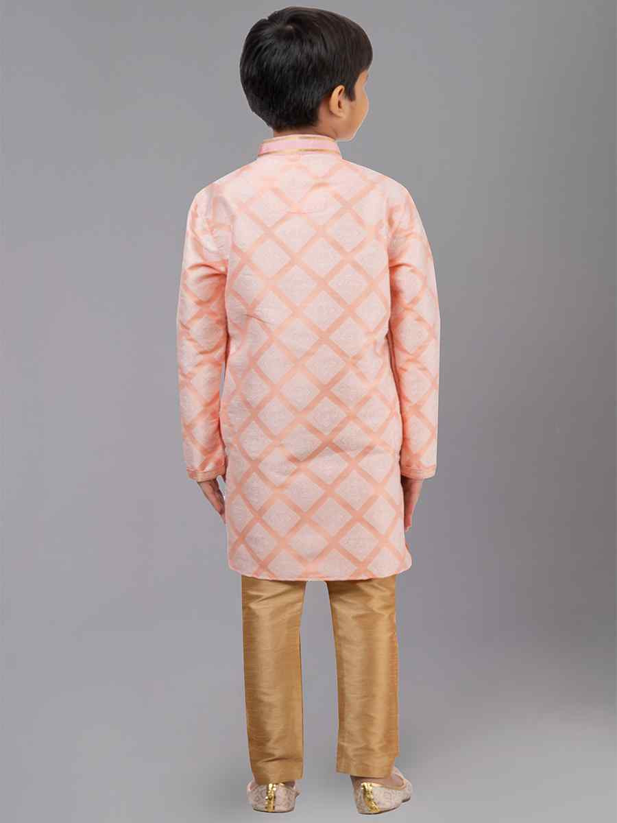 Orange Jacquard Silk Embroidered Festival Traditional Kurta Pyjama Boys Wear