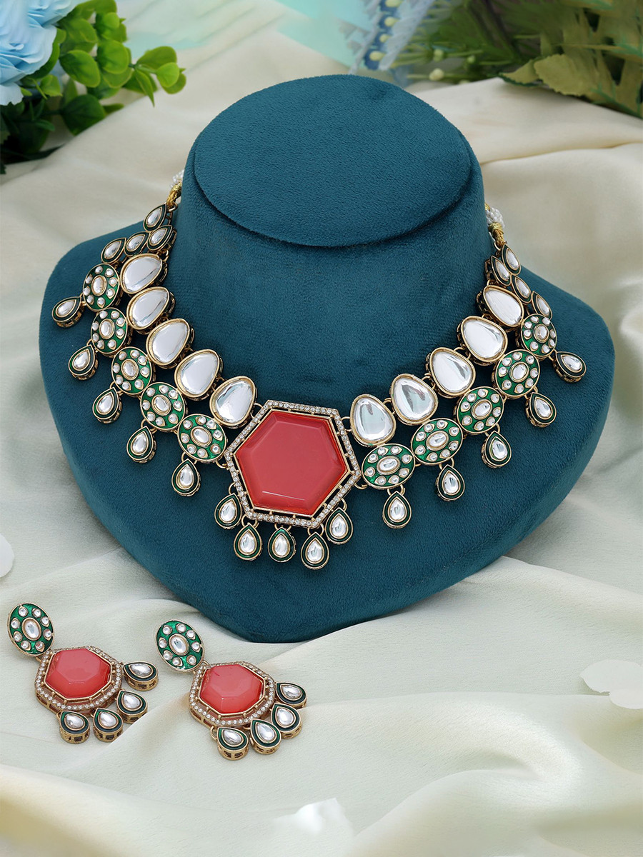 Orange Alloy Wedding Party Festival Wear Meenakari Gemstone Kundan Necklace