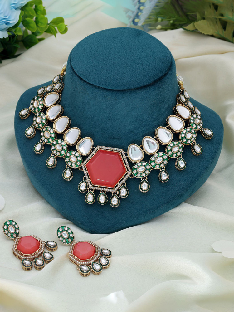 Image of Orange Alloy Wedding Party Festival Wear Meenakari Gemstone Kundan Necklace