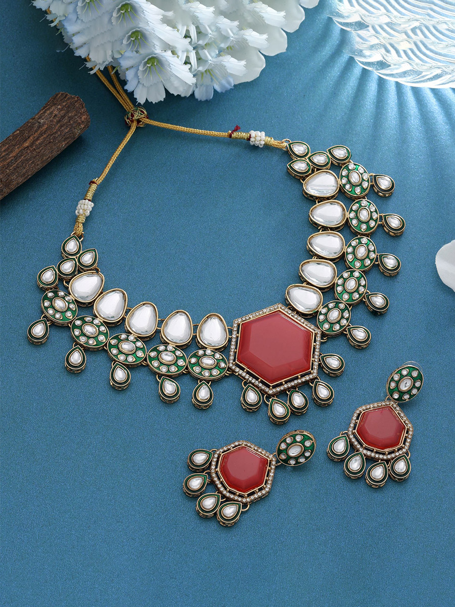 Orange Alloy Wedding Party Festival Wear Meenakari Gemstone Kundan Necklace