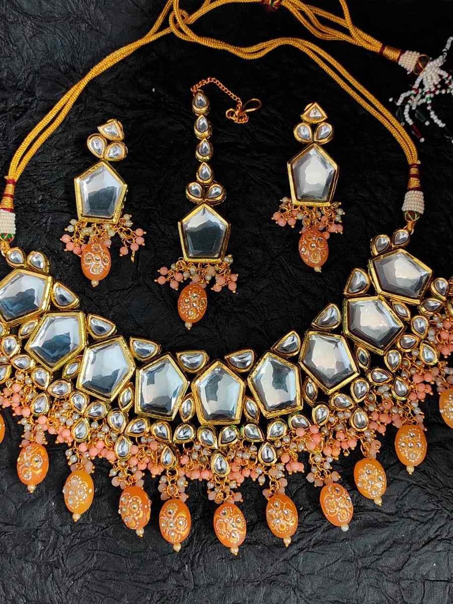 Orange Alloy Wedding Wear Kundan Necklace