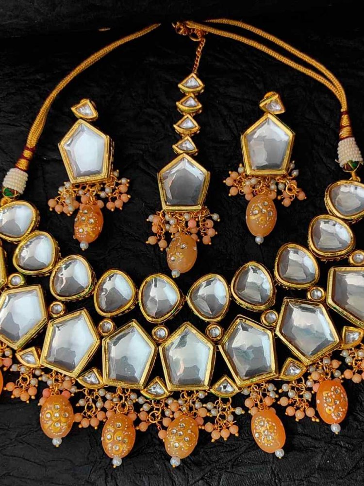Orange Alloy Wedding Wear Kundan Necklace