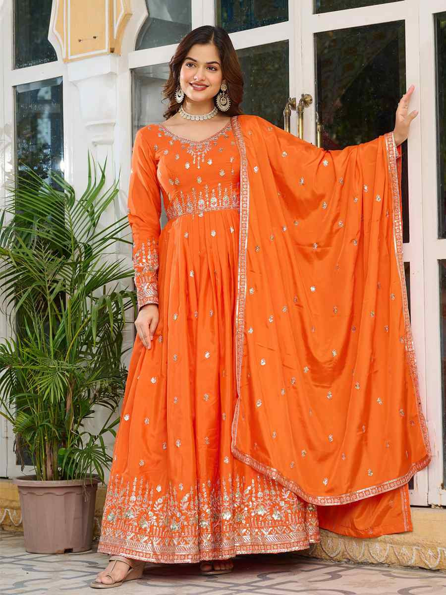 Orange American Silk Embroidered Festival Casual Ready Anarkali Salwar Kameez