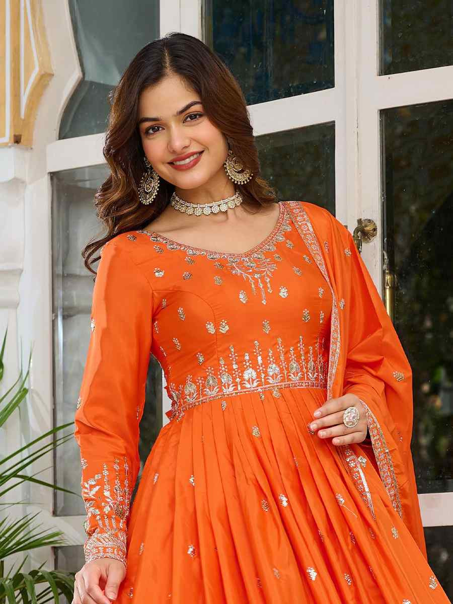 Orange American Silk Embroidered Festival Casual Ready Anarkali Salwar Kameez