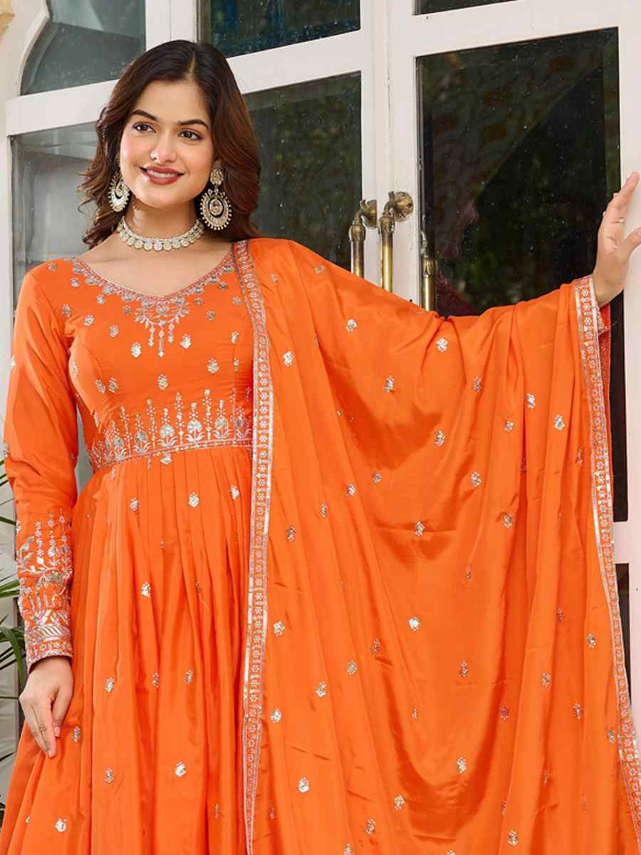 Orange American Silk Embroidered Festival Casual Ready Anarkali Salwar Kameez
