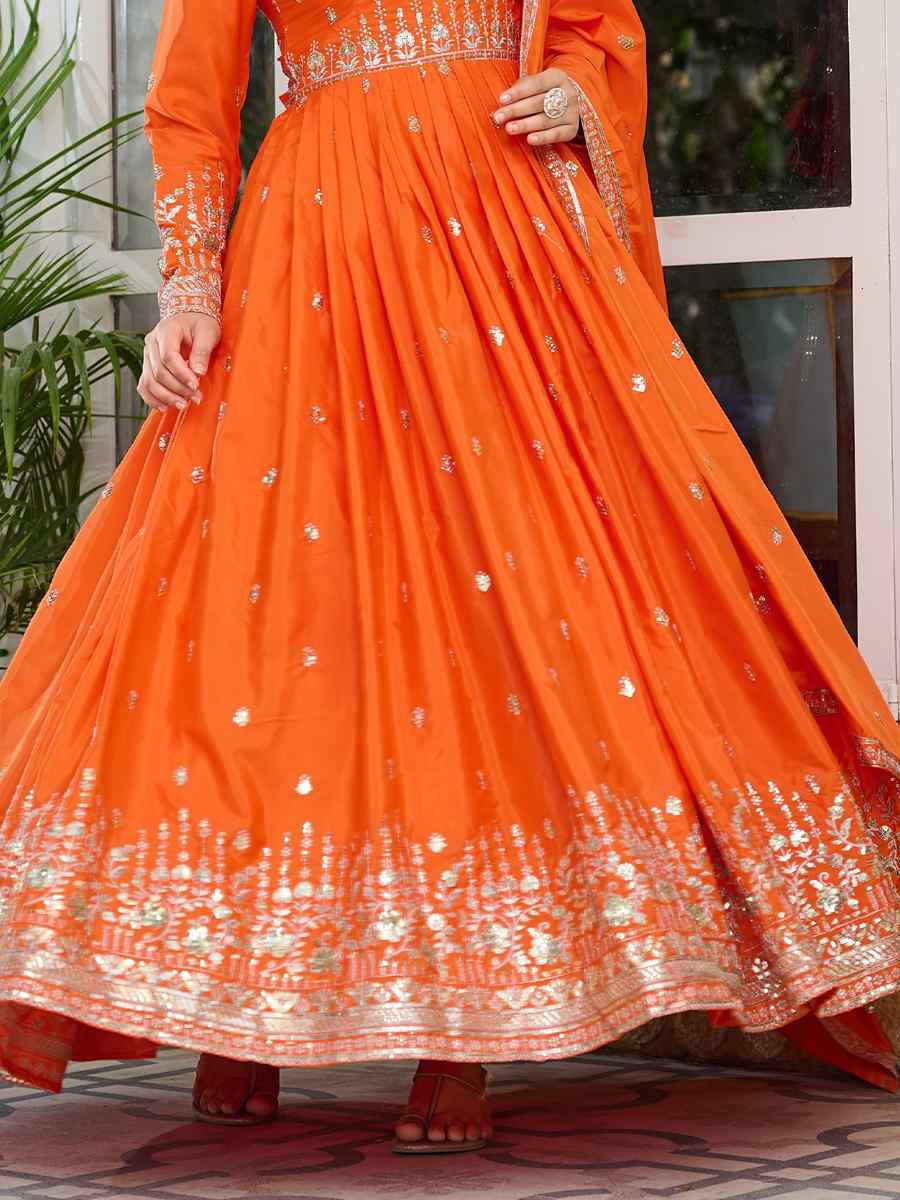 Orange American Silk Embroidered Festival Casual Ready Anarkali Salwar Kameez