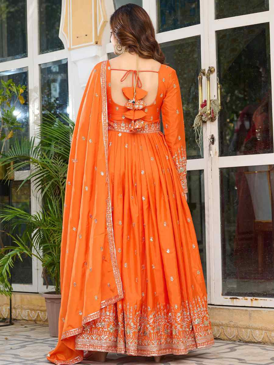 Orange American Silk Embroidered Festival Casual Ready Anarkali Salwar Kameez