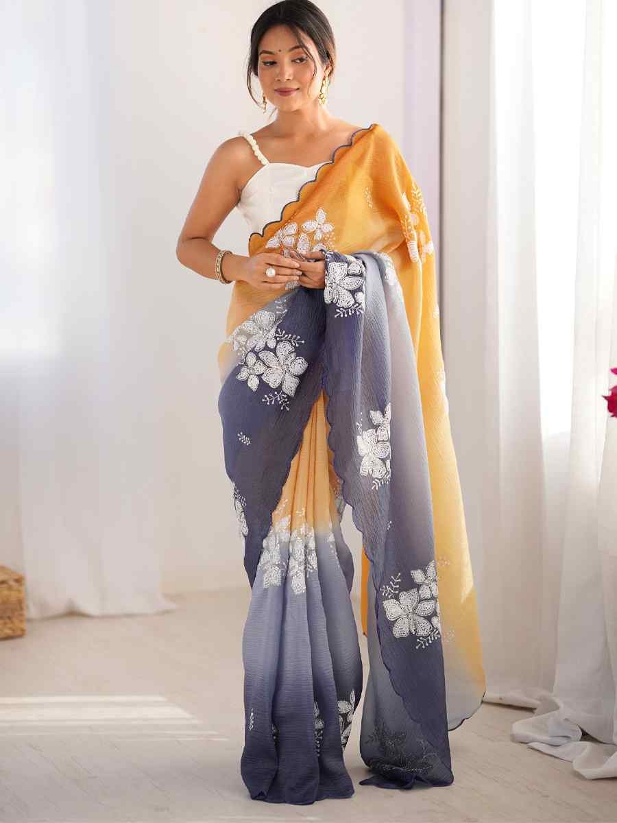 Orange and Grey Crunchy Crush Embroidered Festival Wedding Fancy Heavy Border Saree