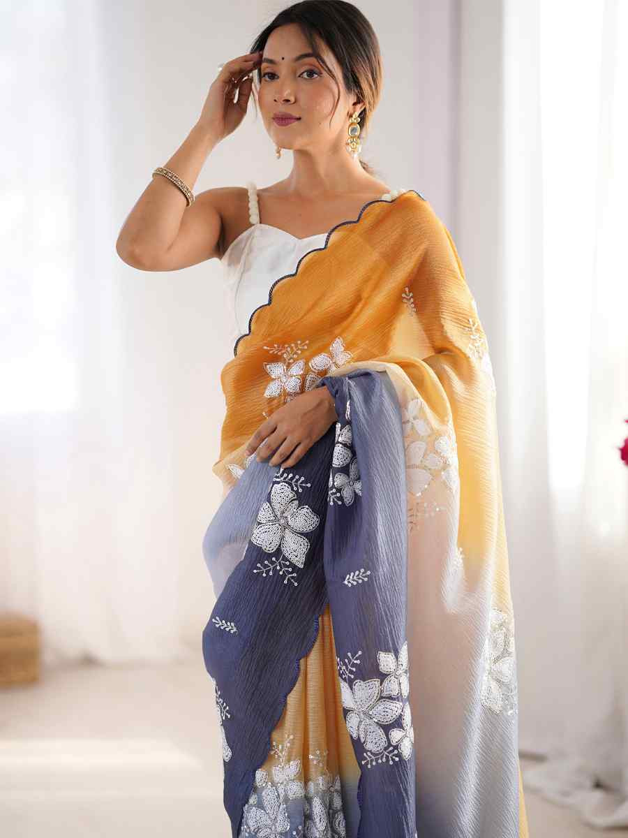 Orange and Grey Crunchy Crush Embroidered Festival Wedding Fancy Heavy Border Saree