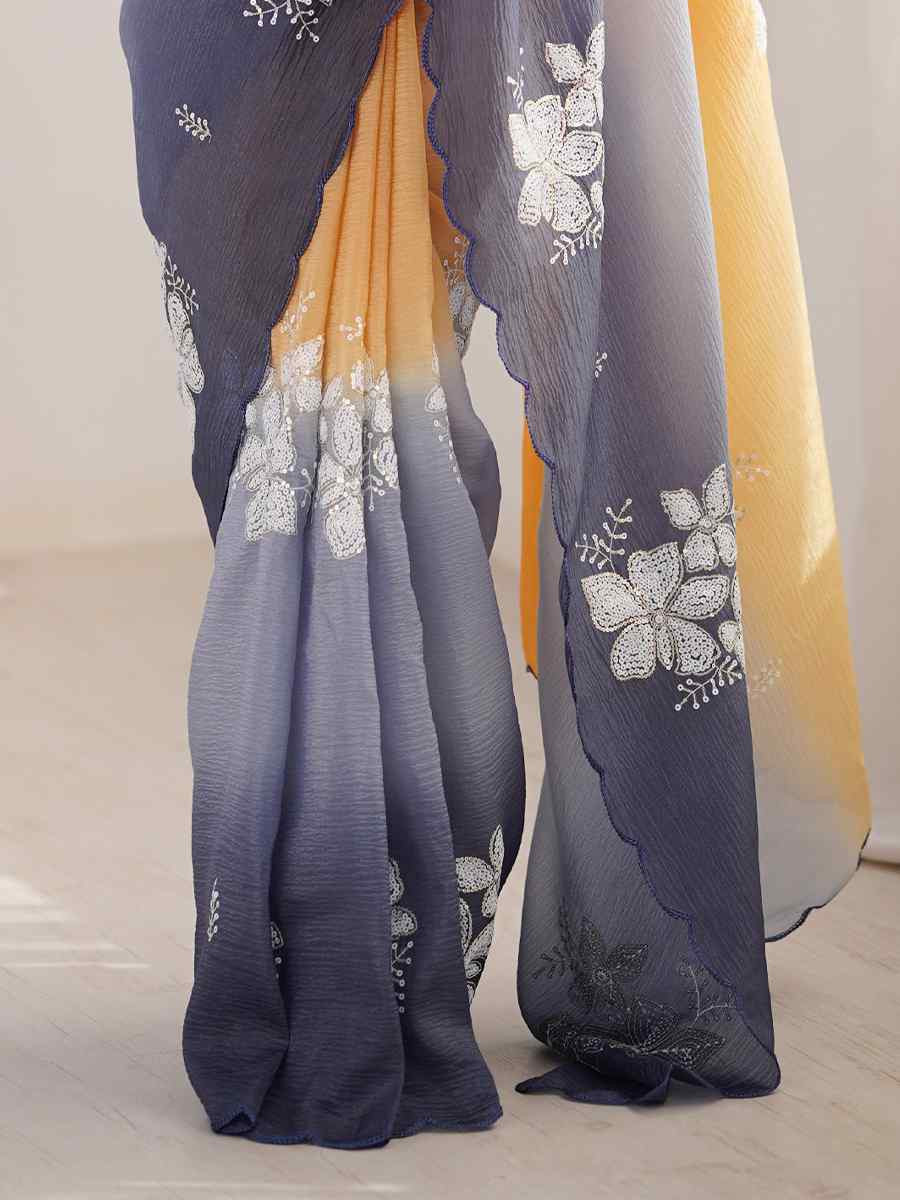 Orange and Grey Crunchy Crush Embroidered Festival Wedding Fancy Heavy Border Saree