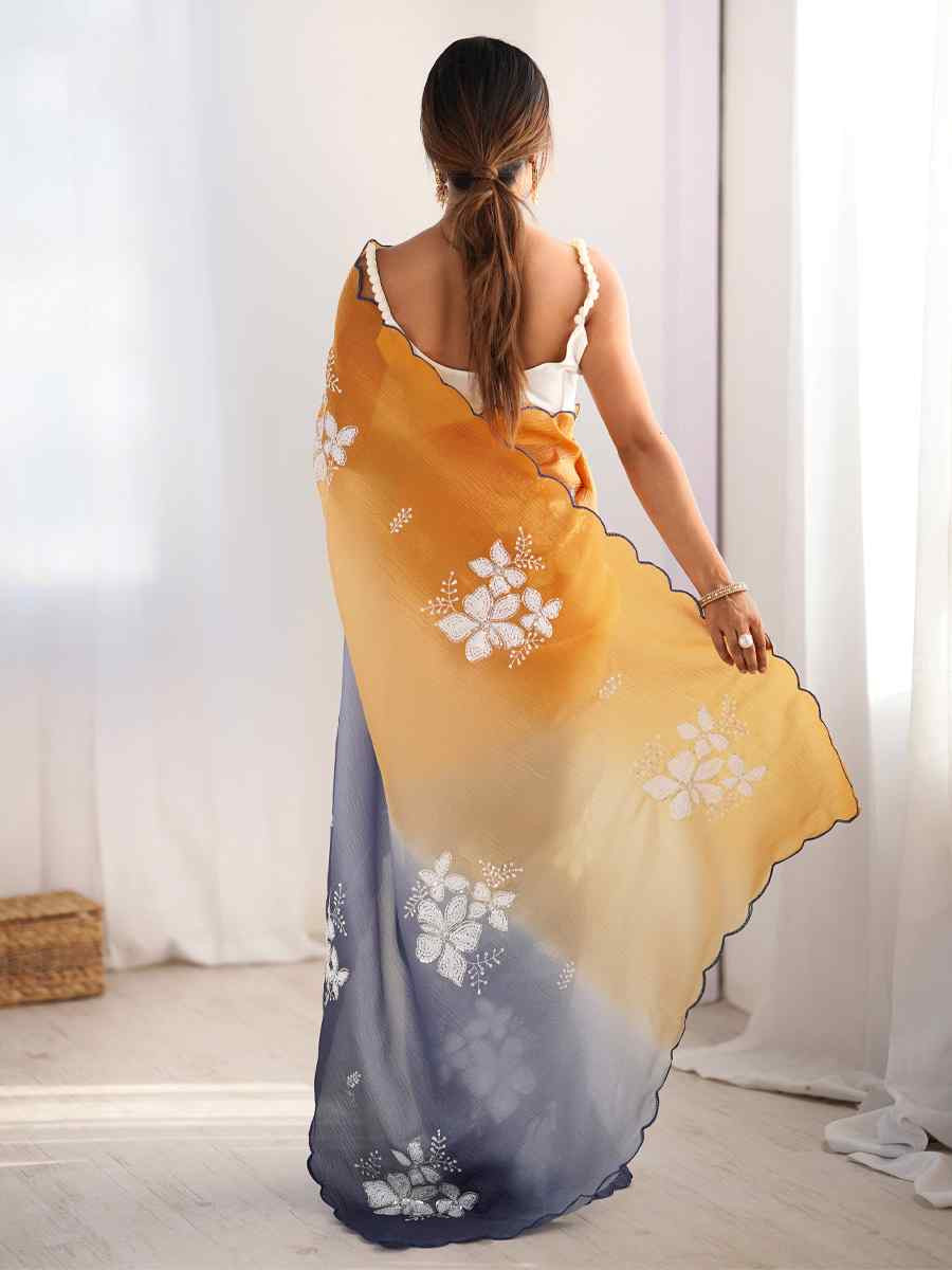 Orange and Grey Crunchy Crush Embroidered Festival Wedding Fancy Heavy Border Saree