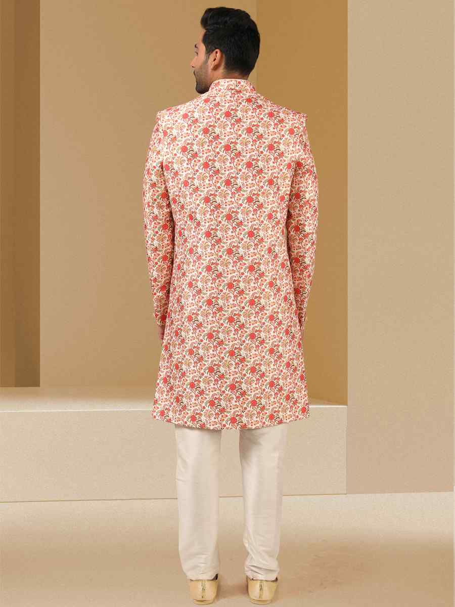 Orange Art Banarasi Printed Festival Party Sherwani