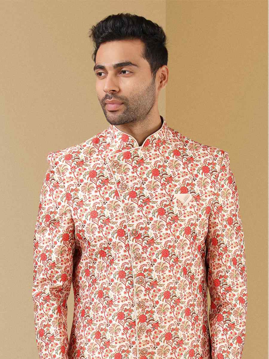 Orange Art Banarasi Printed Festival Party Sherwani