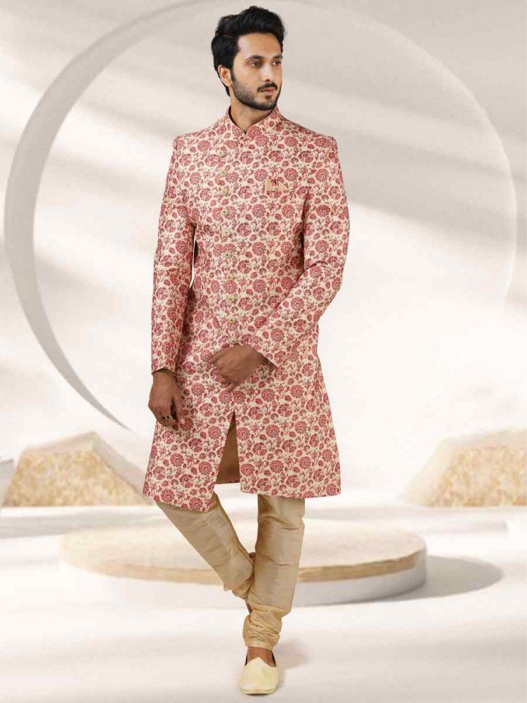 Orange Art Banarasi Printed Festival Party Sherwani