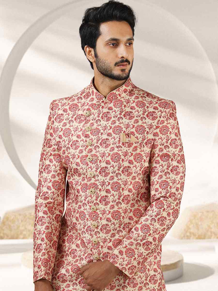 Orange Art Banarasi Printed Festival Party Sherwani