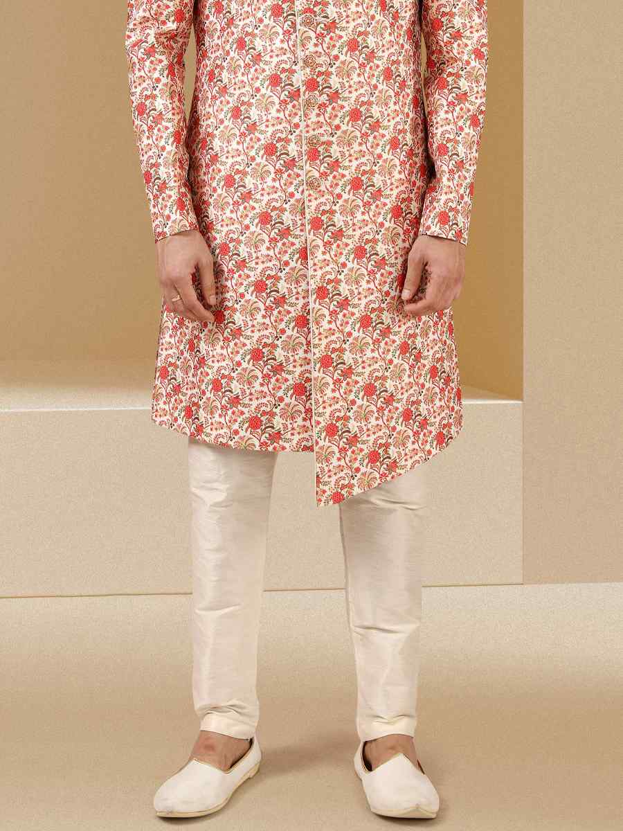 Orange Art Banarasi Printed Festival Party Sherwani