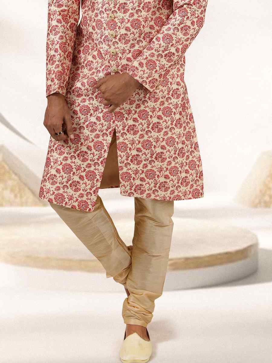 Orange Art Banarasi Printed Festival Party Sherwani