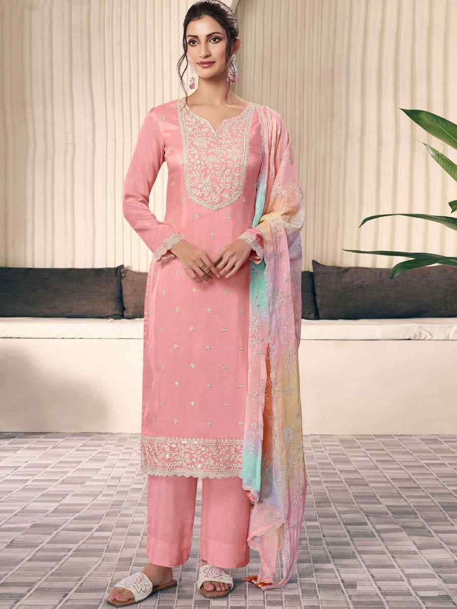 Orange Art Silk Embroidered Festival Wedding Pant Salwar Kameez