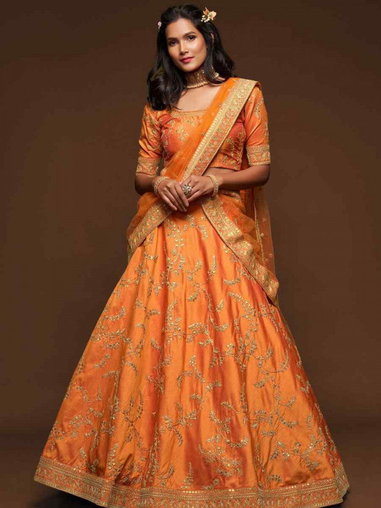 Image of Orange Art Silk Embroidered Wedding Reception Festival Heavy Border Lehenga Choli