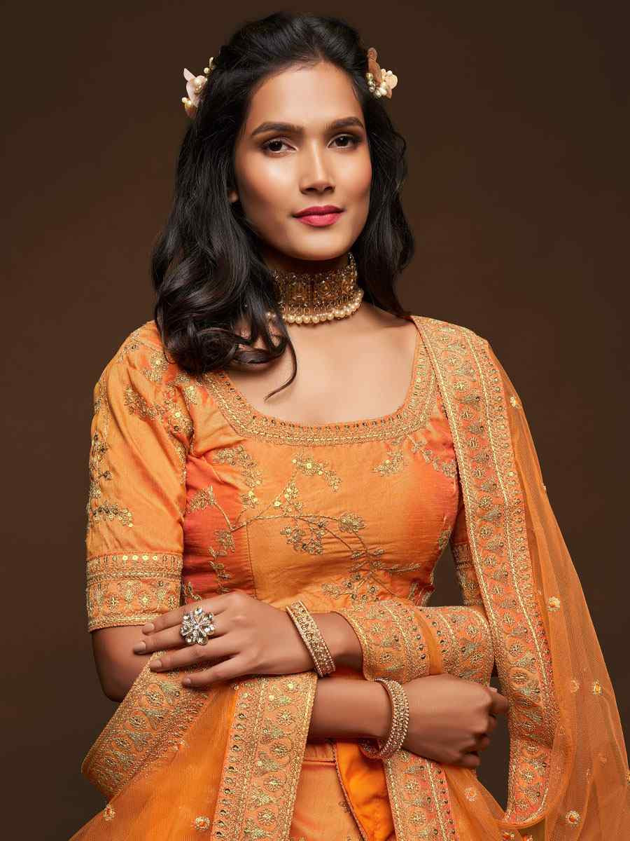 Orange Art Silk Embroidered Wedding Reception Festival Heavy Border Lehenga Choli