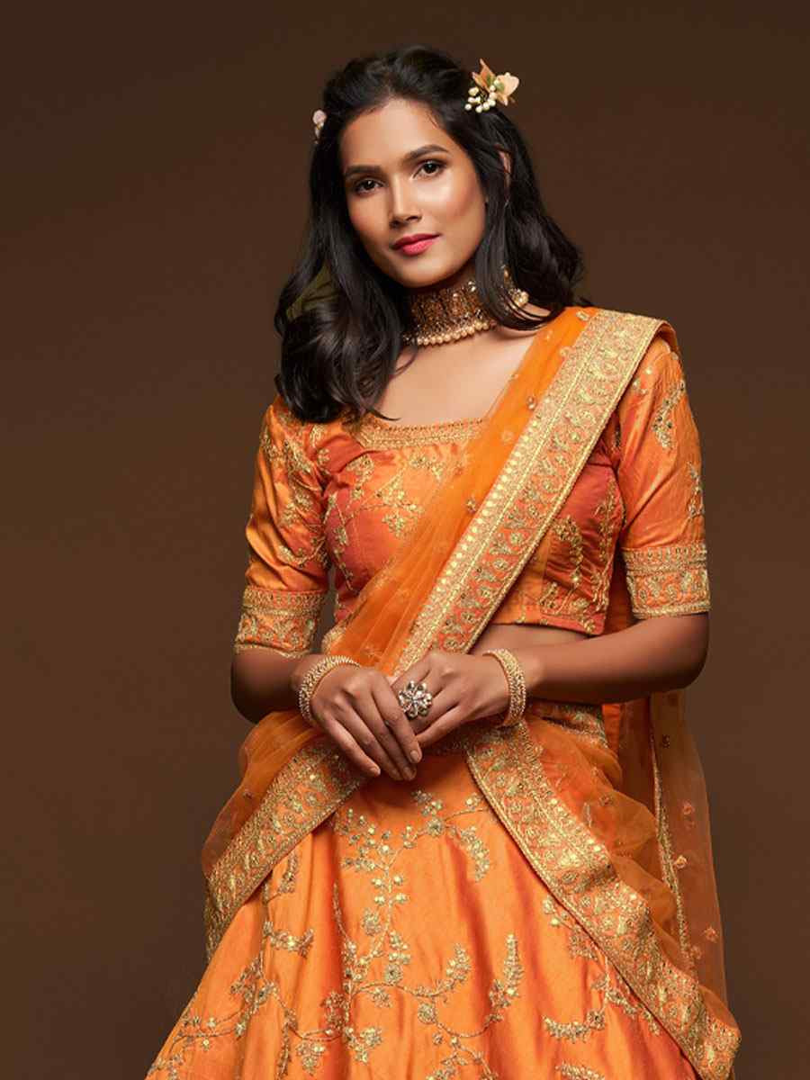 Orange Art Silk Embroidered Wedding Reception Festival Heavy Border Lehenga Choli