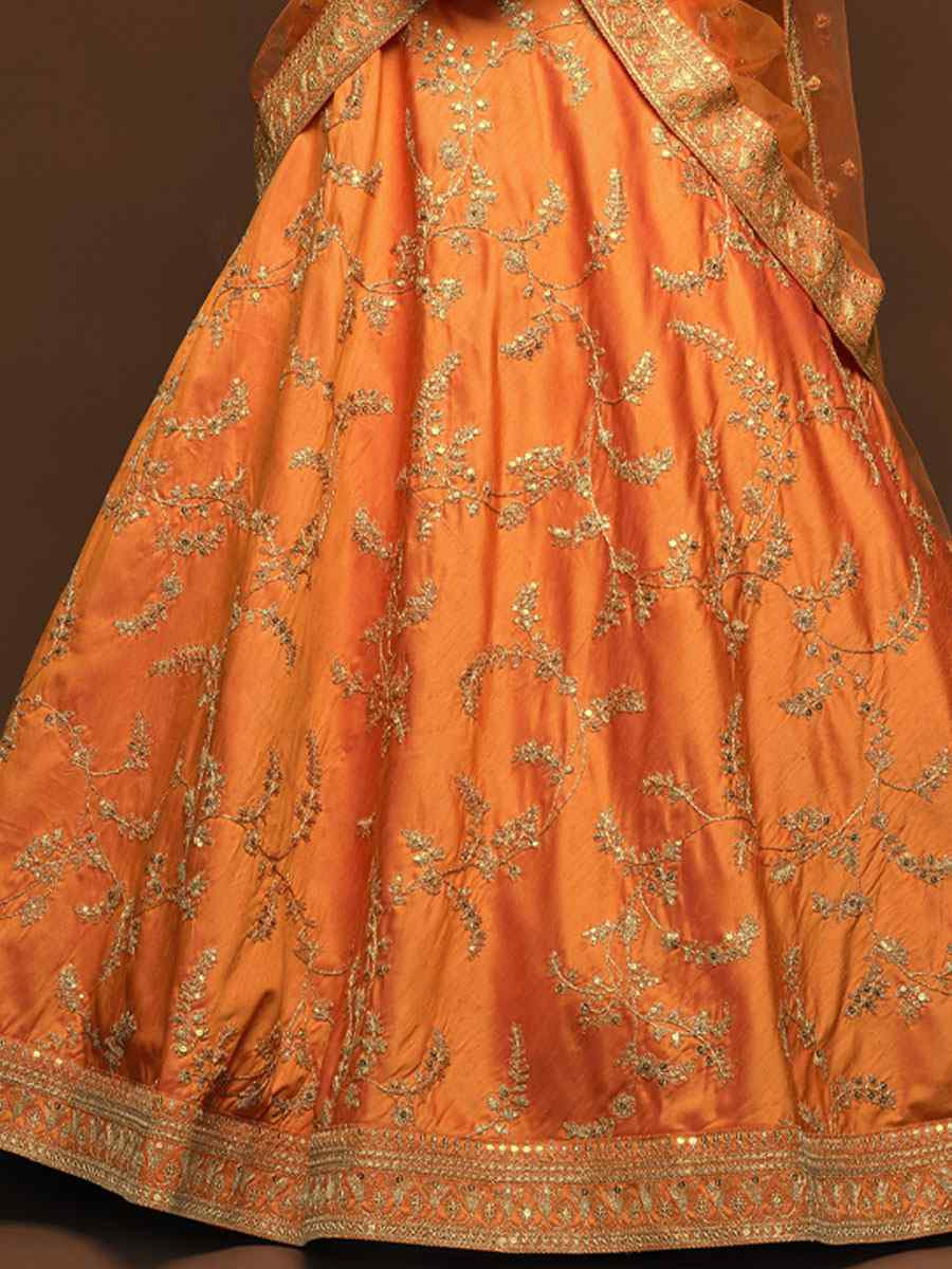 Orange Art Silk Embroidered Wedding Reception Festival Heavy Border Lehenga Choli
