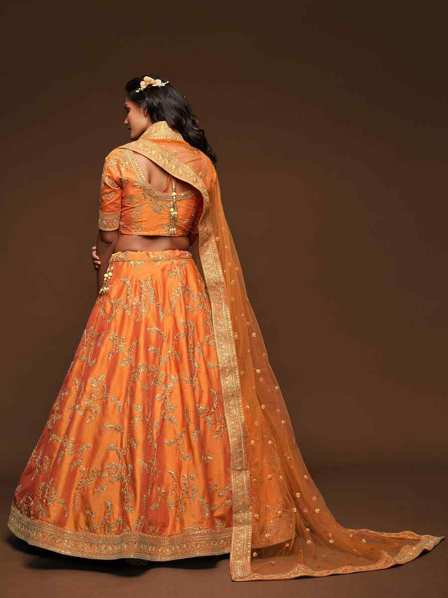Orange Art Silk Embroidered Wedding Reception Festival Heavy Border Lehenga Choli