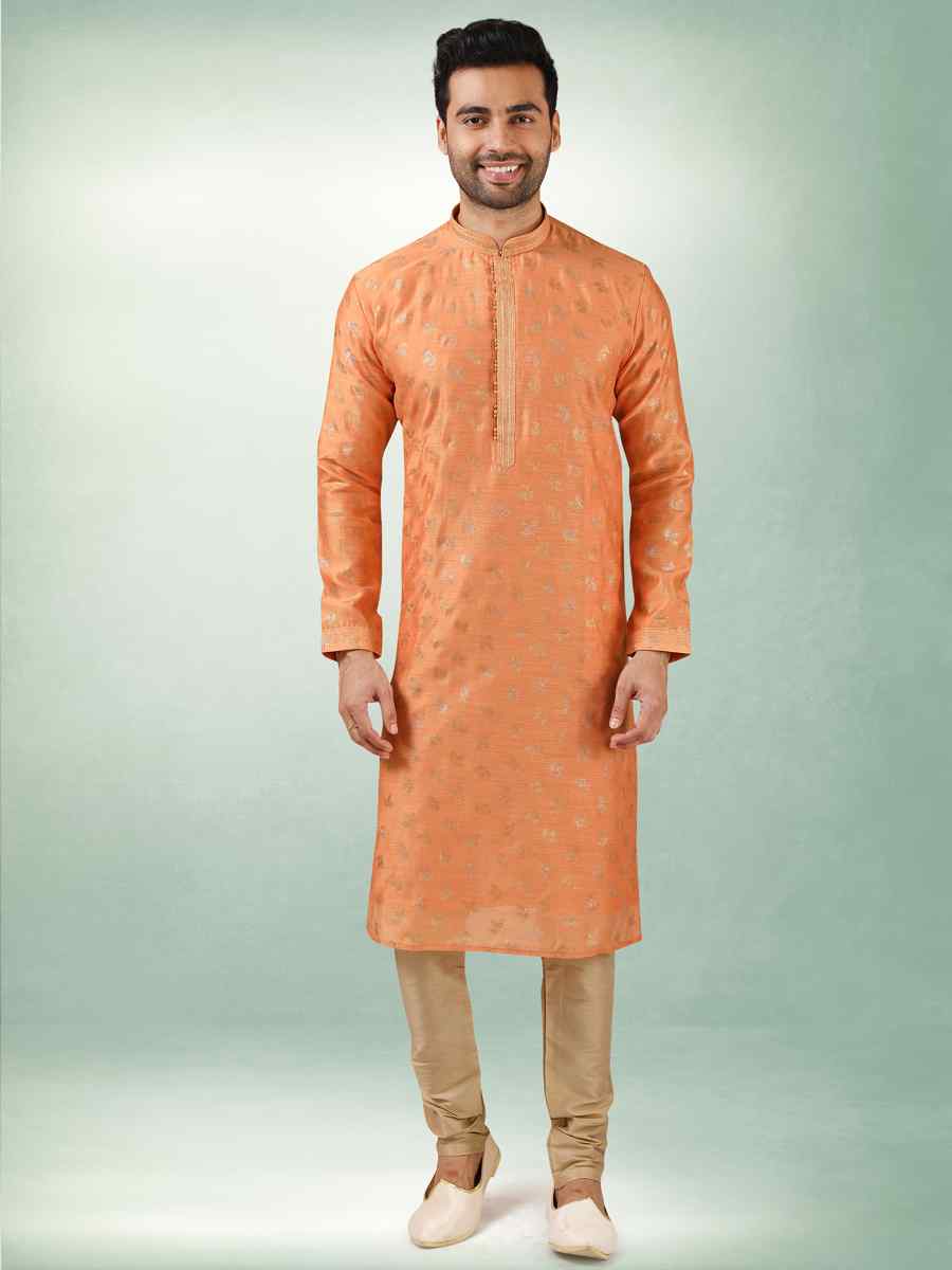 Orange Art Silk Printed Festival Kurta