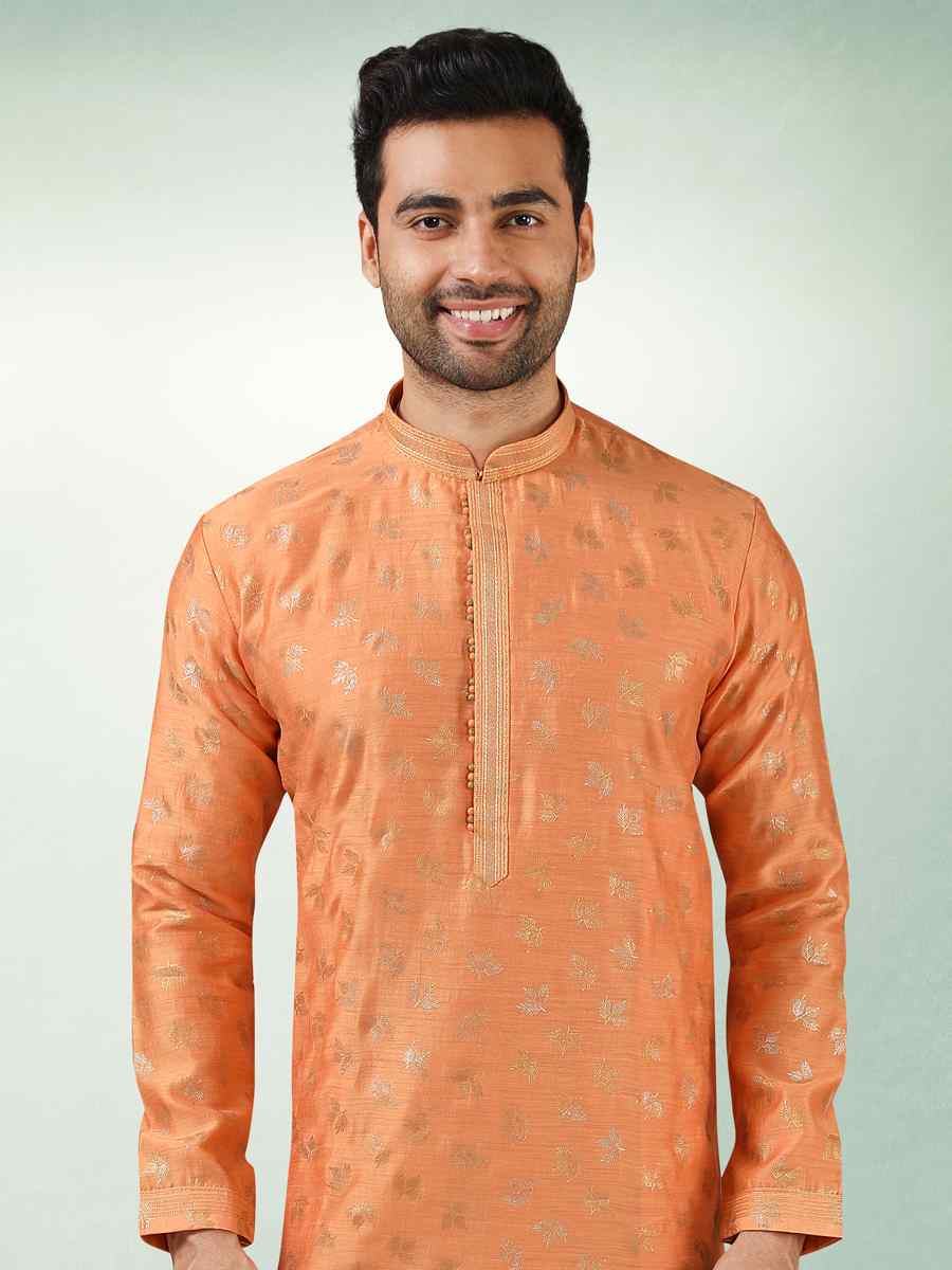 Orange Art Silk Printed Festival Kurta