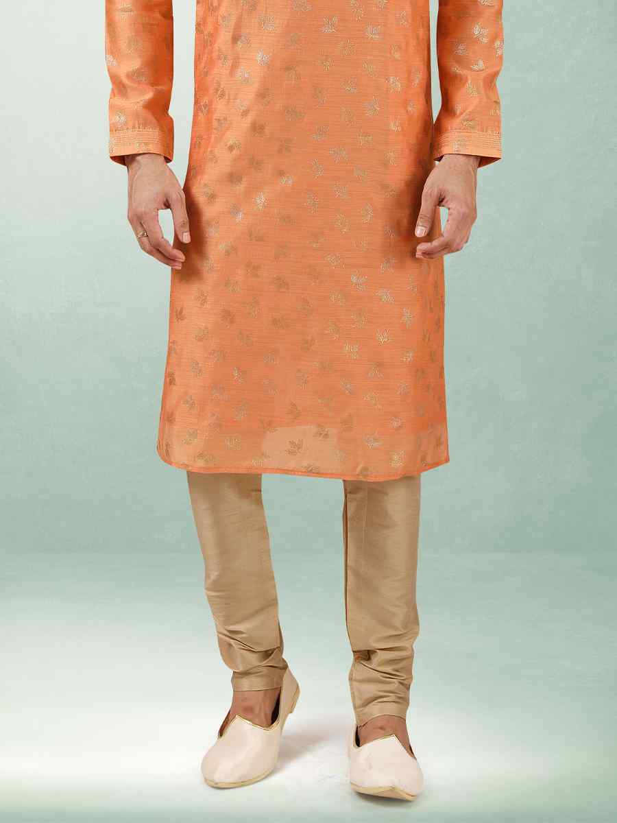 Orange Art Silk Printed Festival Kurta