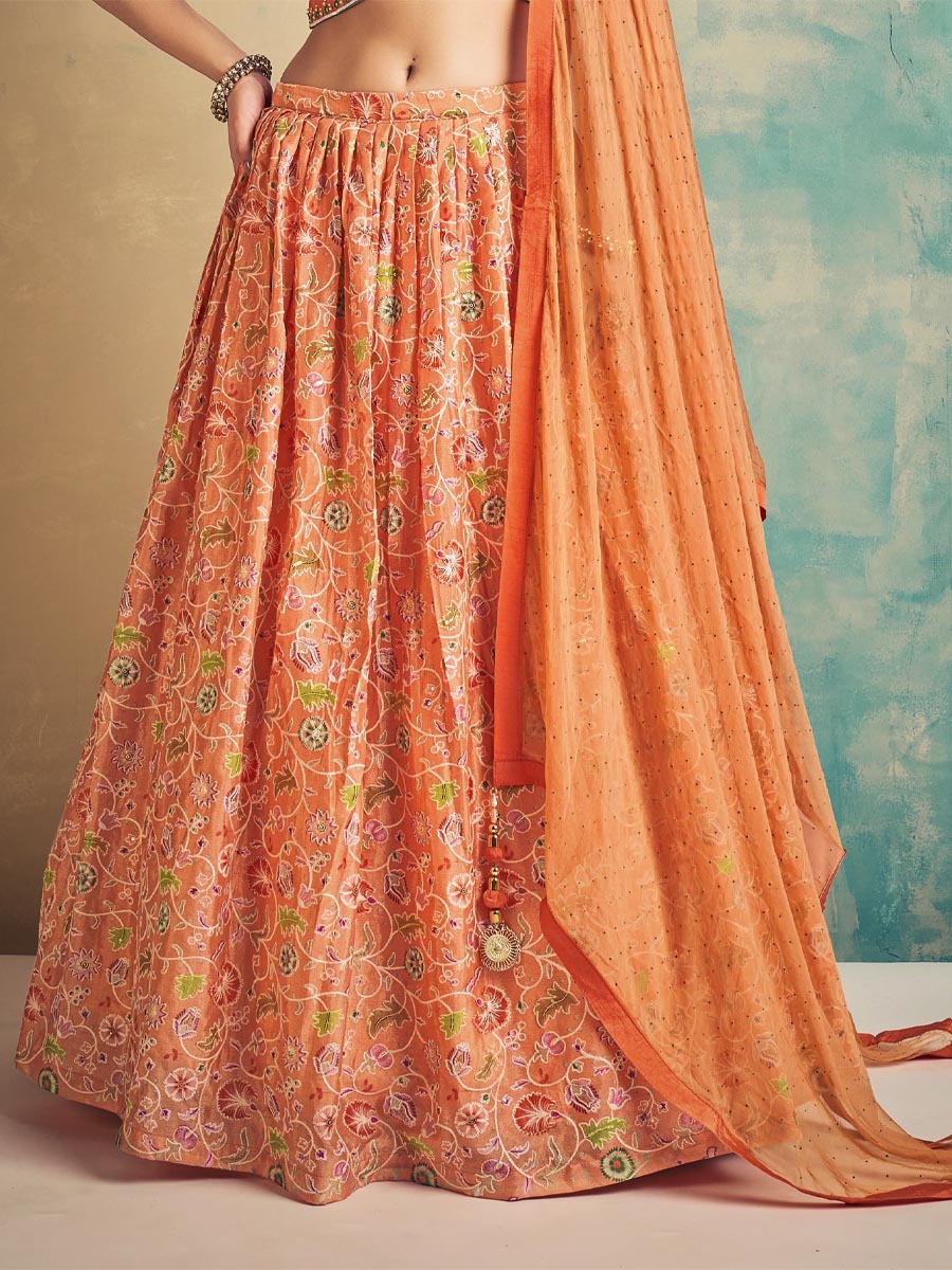 Orange Art Silk Printed Festival Wedding Ready Circular Lehenga Choli