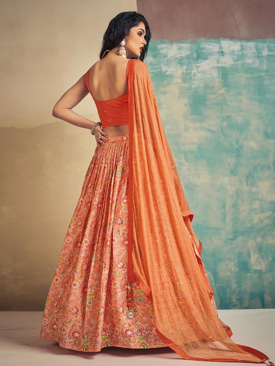 Orange Art Silk Printed Festival Wedding Ready Circular Lehenga Choli