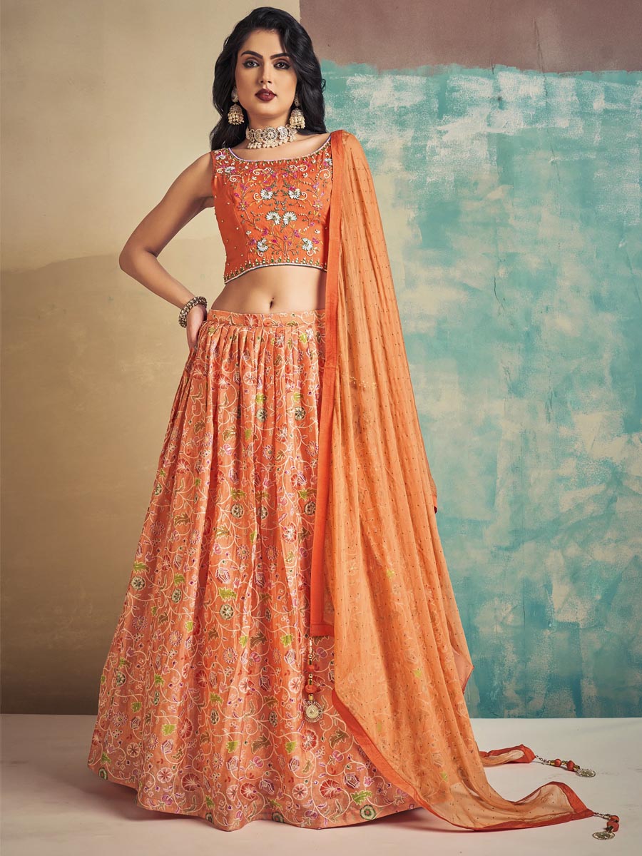 Orange Art Silk Printed Festival Wedding Ready Circular Lehenga Choli