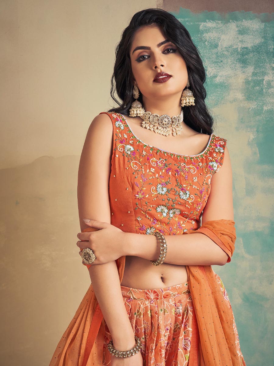 Orange Art Silk Printed Festival Wedding Ready Circular Lehenga Choli