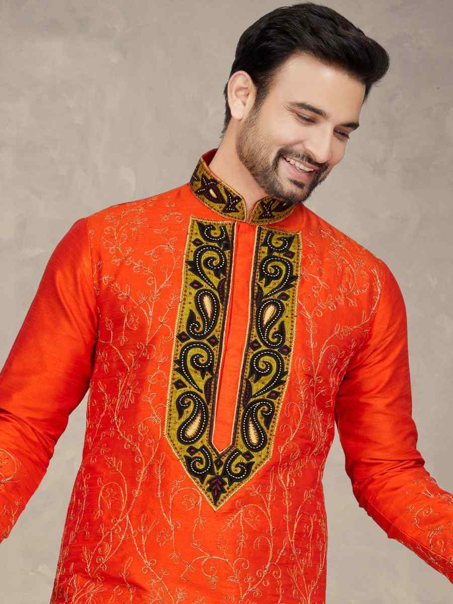 Orange Art Silk Woven Festival Mehendi Kurta
