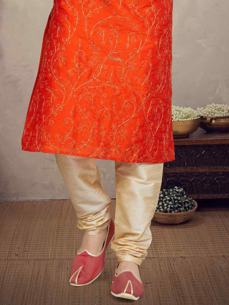 Orange Art Silk Woven Festival Mehendi Kurta