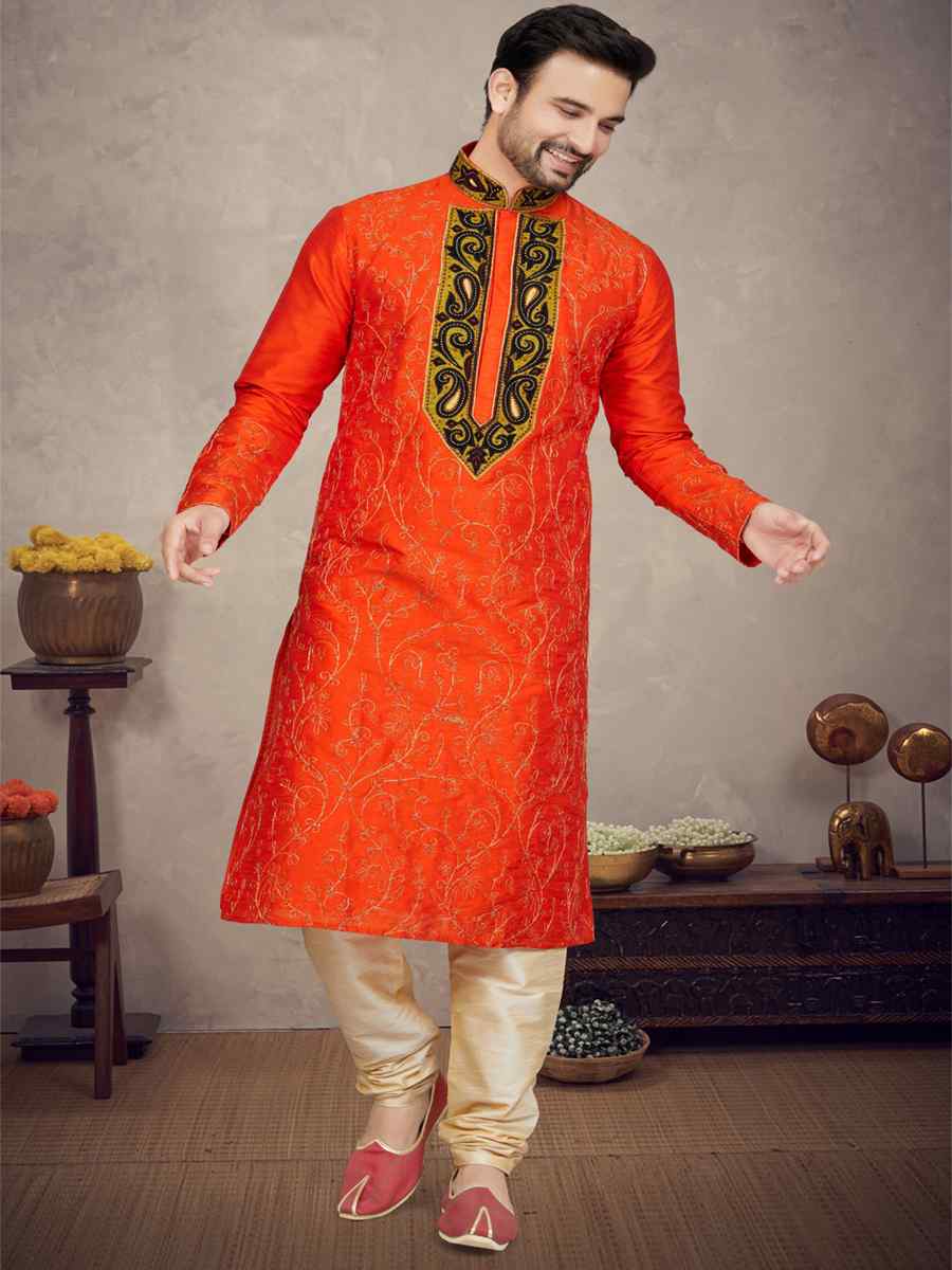Orange Art Silk Woven Festival Mehendi Kurta