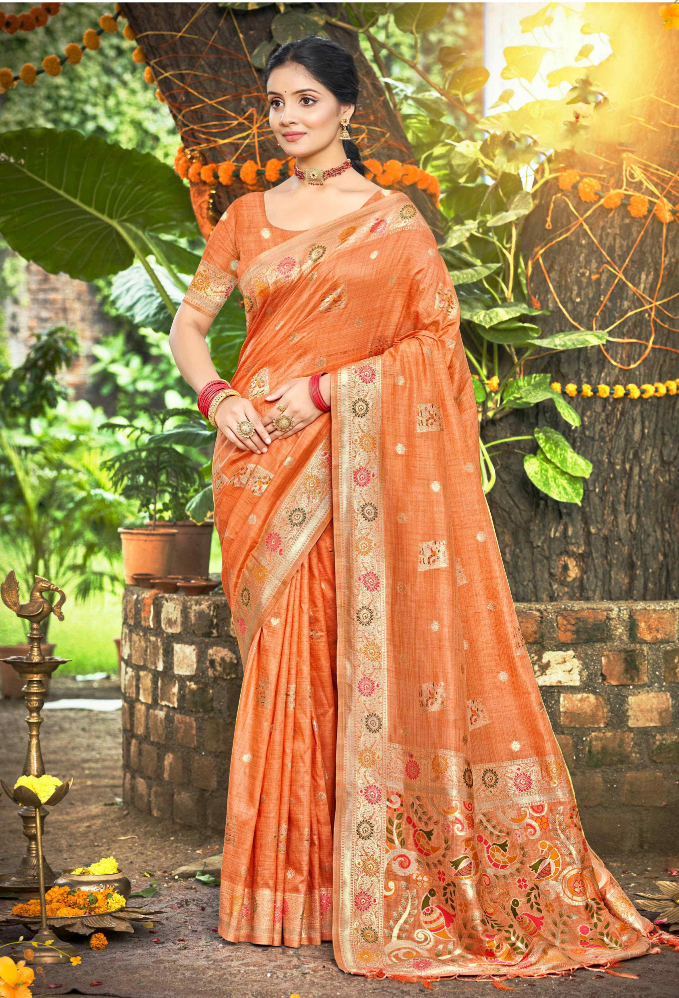Orange Assam Silk Handwoven Traditional Bridal Reception Festival Wedding Fancy Classic Style Sarees